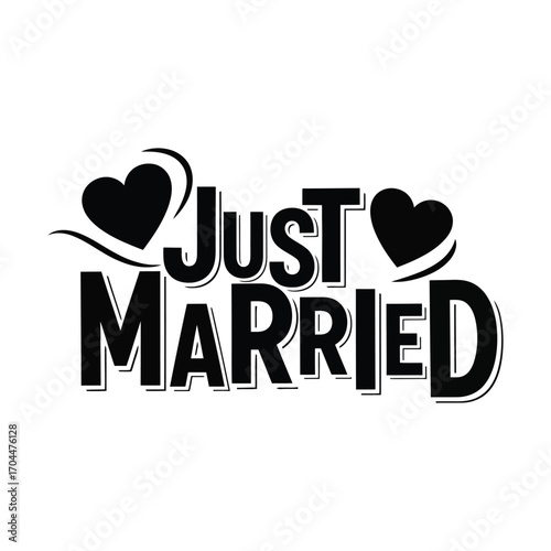 Just married text with heart element, wedding typography vector design