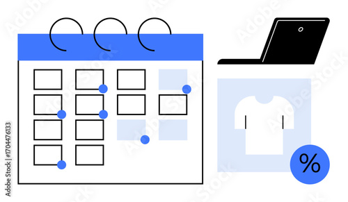 Calendar marking events, laptop, shirt image, and percentage sign. Ideal for scheduling, e-commerce, promotions, discounts retail digital marketing and productivity. Clean simple flat metaphor