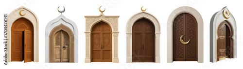 Ornate Islamic door set including various carved wooden designs and crescent moon decorations isolated. Architectural and cultural elements.