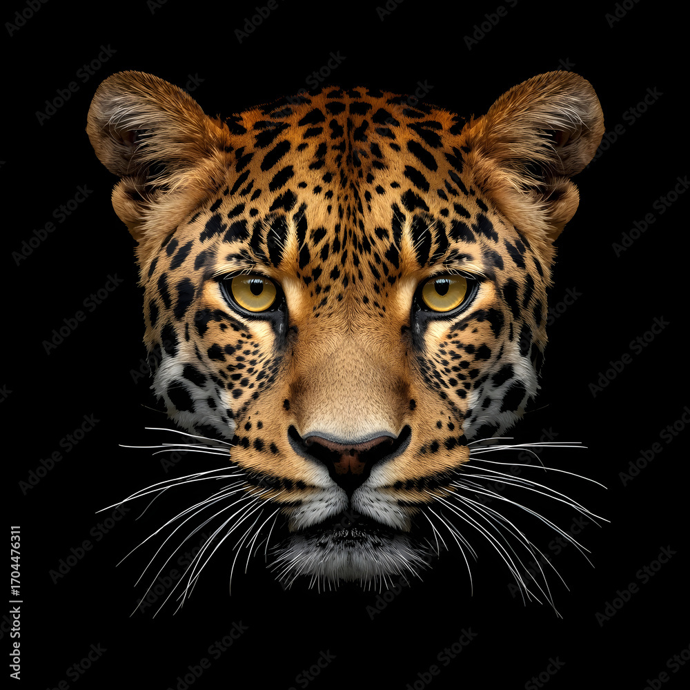Obraz premium Majestic Leopard Staring Intently with Golden Eyes on Black Background