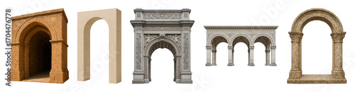 Architectural arches set including ancient, modern, carved, sandstone, and ornate styles isolated. Design elements for history or fantasy.