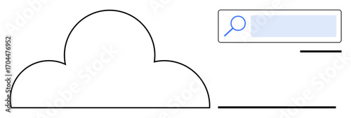Minimalist cloud shape paired with search bar icon, representing data storage, search functionality, digital access, technology, organization, internet solutions, and simple landing page