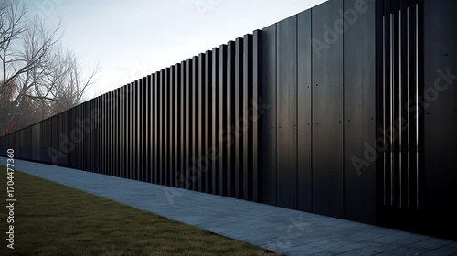 Minimalist modern architecture featuring a striking black fence with rhythmic vertical elements