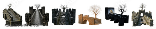 Stone bridge and wall set including archways, walkways, towers, and weathered trees isolated. Medieval fantasy architecture elements.
