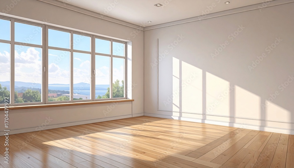 Fototapeta premium Modern minimalist interior with large window and sunlit wooden floor