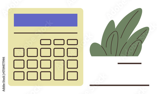 Electronic calculator with detailed keypad and decorative potted plant emphasizing work-life synergy. Ideal for finance, business, productivity, minimalism, office decor, budgeting, simple flat