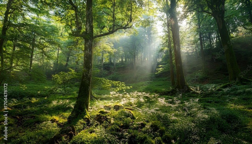 Obraz premium A Serene Forest Scene With Lush Greenery And Soft Light Filtering Through The Trees