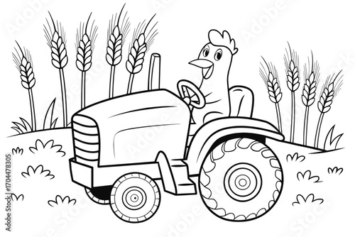 Cartoon Chicken Driving Tractor on Wheat Farm Line Art – Fun Coloring Page for Kids and Farm-Themed Educational Activities