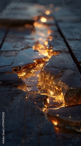 Golden light spills through dramatic cracks in weathered wooden planks creating a captivating abstract texture