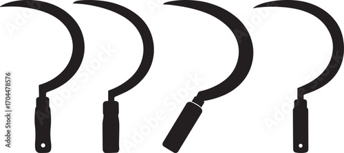 Four curved harvesting tools shown as black silhouettes on a white background silhouette
