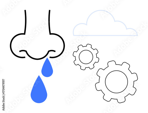 Nose with blue droplets, cloud, and gears representing allergies, health, environment, automation, pollution, innovation and technology. Ideal for healthcare ideas researches and simple landing