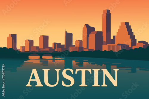 Austin Skyline and Colorado River at Sunset.eps
