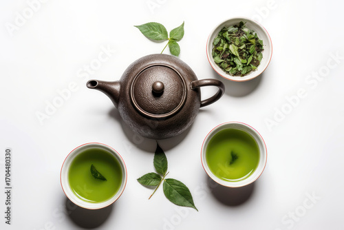 Asian tea set - iron teapot and ceramic cups with green tea and leaves. Traditional tea composition on white background, copy space.