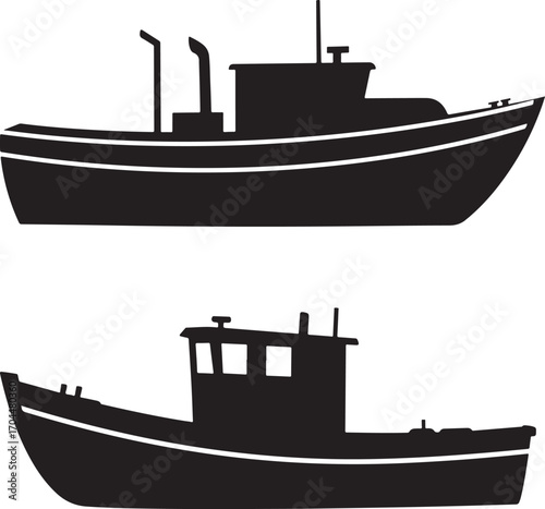 Two fishing boat silhouettes isolated on white background