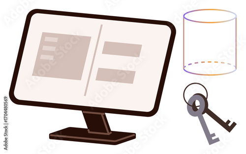 Computer screen with interface design, cylinder object as database, and keys emphasizing access control. Ideal for cybersecurity, data protection, online systems, encryption, login, authentication