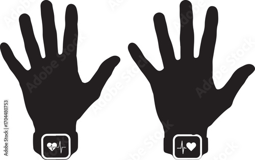 Two open hands with heart rate monitor wristbands silhouette