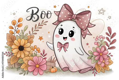 A cute ghost PNG fall Halloween with flowers and pumpkin, vector art , illustration art  