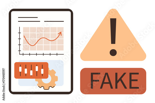 Financial report with upward trend chart, settings gear, caution triangle, and FAKE label. Ideal for fraud detection, misinformation, warnings, analytics, risk scams simple flat metaphor