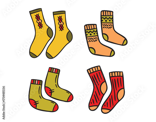 Cozy autumn doodle four pairs of socks, hand drawn warm rustic style