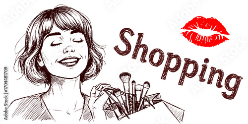 A mini-set of vectors about human emotions: Woman smiling while shopping with makeup brushes in bag  