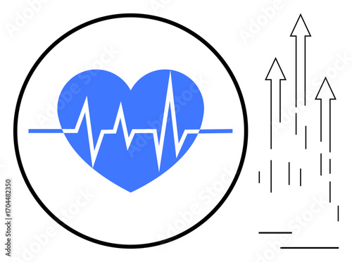 Blue heart with heartbeat line in a circle paired with upward arrows indicating growth, progress, and vitality. Ideal for health, fitness, wellness, medical, innovation success data growth. Simple