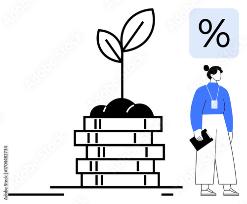 Stack of coins with sprouting plant symbolizing financial growth, economic sustainability. Businesswoman holding clipboard represents investments, profits, or savings. Ideal for finance, development