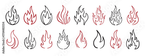Hand drawn flames doodle set simple line art fire design