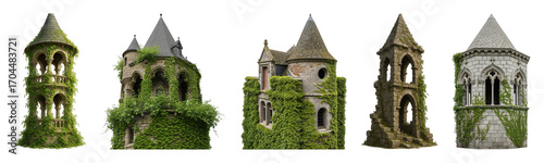 Fantasy castle tower set including ivy-covered stone towers, turrets, and ruined structures isolated. Architectural elements for mystical designs.