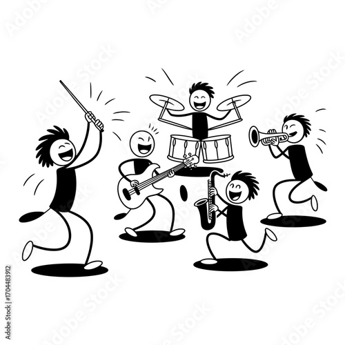 Stick figure orchestra band playing musical instruments with conductor illustration