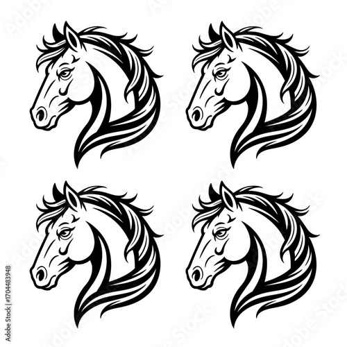 Horse head icons set with stylized equine silhouette illustration