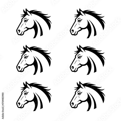 Horse head icons set with stylized equine silhouette illustration
