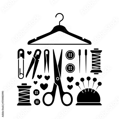 Tailoring and sewing tools icons with scissors, hanger, thread, and pincushion illustration