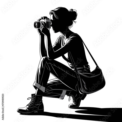 Female photographer taking picture with camera silhouette illustration