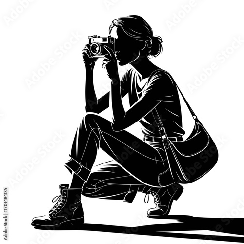 Female photographer taking picture with camera silhouette illustration