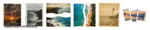 Ripped paper photo set including distressed, aged, and vintage landscape images isolated. Perfect for graphic design and travel projects.