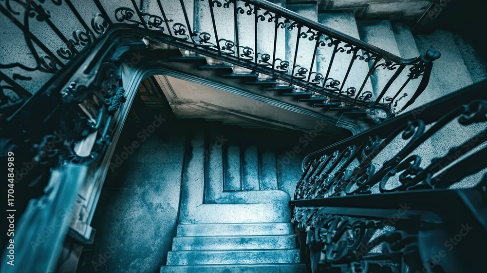 Fototapeta premium Winding staircase ornate metal railing architecture