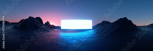 A fantasy landscape featuring black rocky mountains and a glowing neon screen.3d render illustration. Cinematic sci-fi panorama of dark rocky terrain.