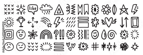 Random hand drawn doodle icons set with smiley faces, stars, flowers, arrows and symbols