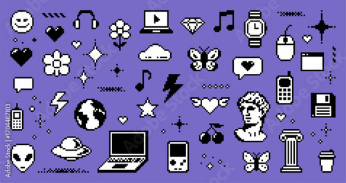 Pixel art y2k vector icons pattern. Retro 90s and 2000s symbols with smile, heart, alien, laptop for social media, app, user interface, web.