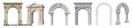 Architectural archways set including ornate, classical, decorative, and columned structures isolated. Building and design elements.