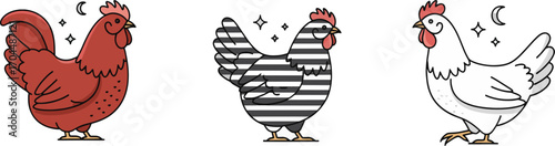 Three stylized chickens, one red, one striped, and one white, stand against a white background with subtle celestial elements.