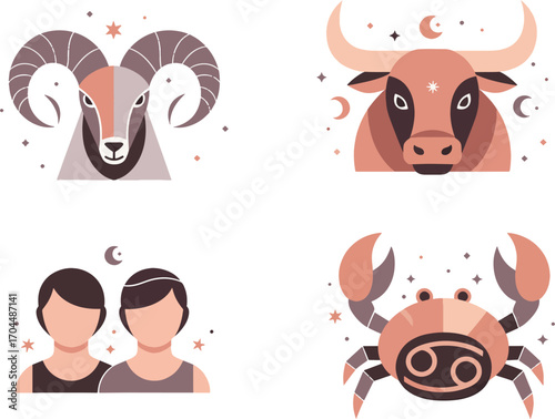Four stylized zodiac constellation symbols representing Aries, Taurus, Gemini, and Cancer, set against a white background with celestial accents.