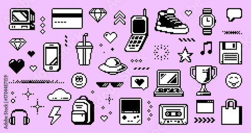 Collection of pixel art y2k vintage technology and pop culture icons on pink background. Retro 90s and 2000s nostalgic elements for game asset or web design.