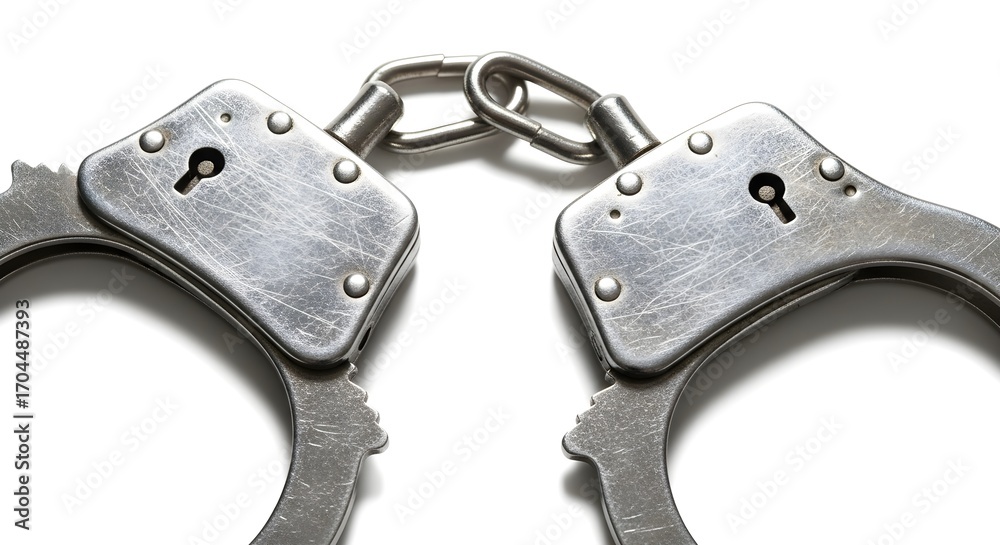 Obraz premium Close-up of Steel Handcuffs Locked Together on White Background for Crime Justice Legal Concept Illustrations