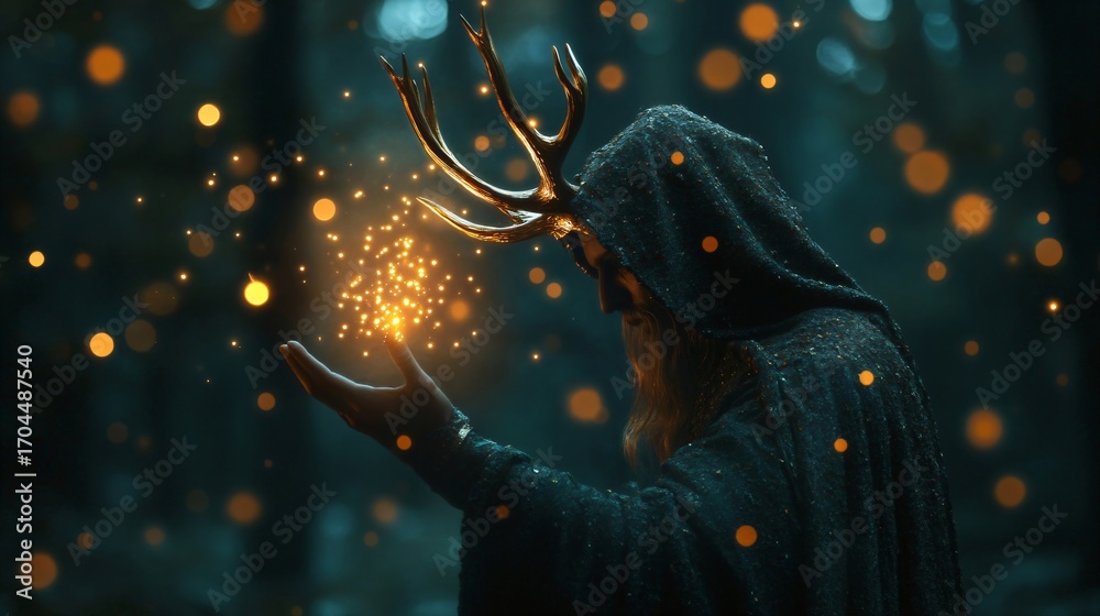 Fototapeta premium Man wizard with deer antlers and glowing magic in hand. Dark fantasy concept with sorcerer casting spell for mystical game design.