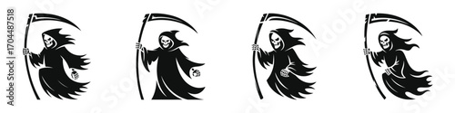 Grim Reaper Halloween Vector Set – Scary Death Silhouettes with Scythe for Horror Art, Spooky Designs, Haunted Themes, Posters, Stickers, Tattoos, and Scary Holiday Decorations