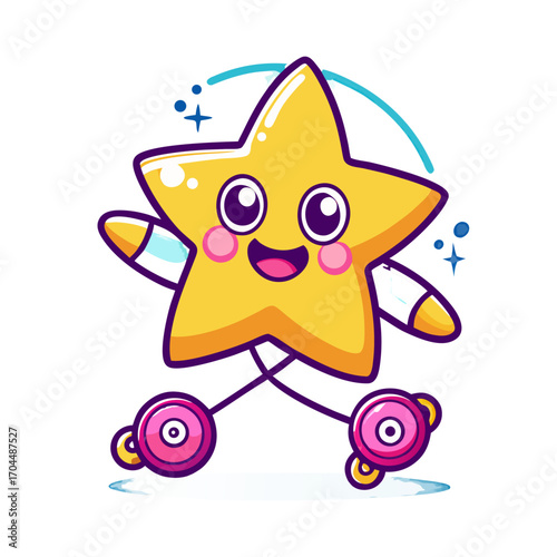 Cute Star Character Vector Cartoon Wearing Rollerblades Skating Fast with Motion Lines Bold Colorful Style