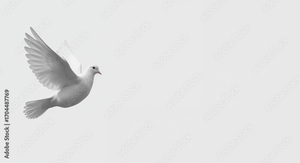 Fototapeta premium White dove flying in the sky against a light background 