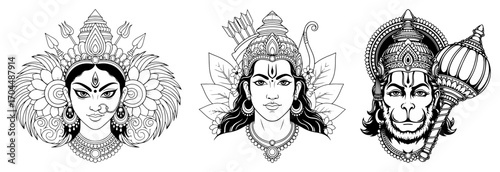 Hindu Deity Faces Shiva Hanuman and Durga Line Art Vector
