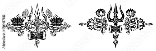 Trishul and Damaru with Lotus Ornamental Hindu Symbol Vector